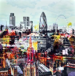 London Sky by Paco Raphael - Original Glazed Mixed Media on Aluminium sized 39x39 inches. Available from Whitewall Galleries